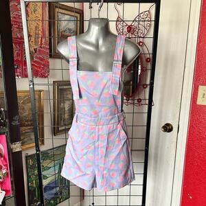 in control purple strawberry print overalls shorts